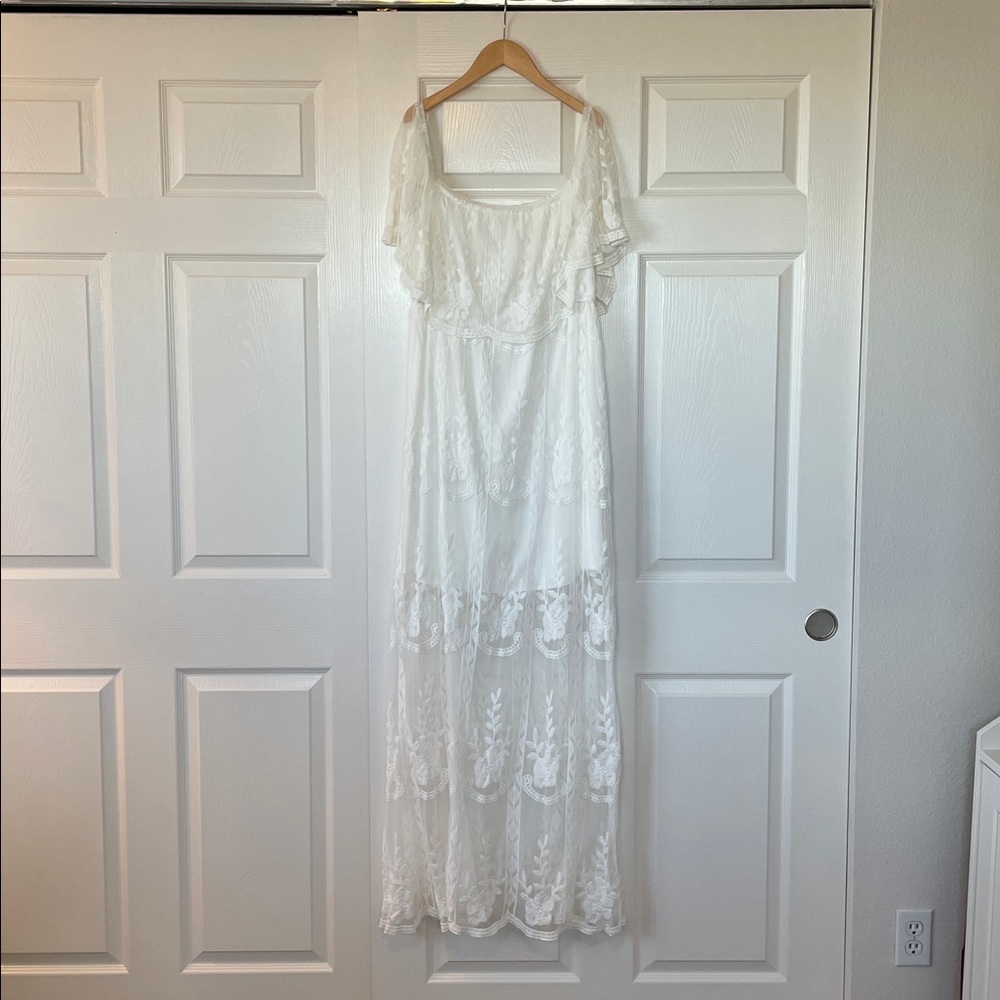 White Lace Off Shoulder Lace Maxi Dress Boho Size L - Picture 6 of 9